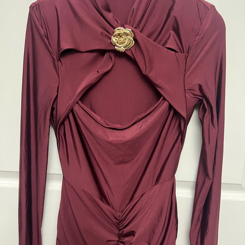 Elegant Burgundy Long Sleeve Top with Gold Rose Detail